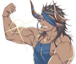  1boy apron bara black_hair brown_eyes chest dark_skin dark_skinned_male draph earrings eyepatch flexing granblue_fantasy headband horns jewelry long_hair looking_at_viewer male_focus manly muscle nearly_naked_apron no_nipples pectorals pointy_ears pose reinhardtzar revealing_clothes shiny shiny_hair smile solo sparkle sweatdrop upper_body veins white_background zanki 