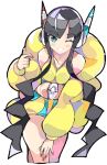  1girl bare_shoulders black_hair blue_eyes blush breasts collarbone cropped_legs enpe eyebrows_visible_through_hair fingernails gym_leader headphones highres kamitsure_(pokemon) long_hair medium_breasts nail_polish one_eye_closed pink_nails pokemon pokemon_(game) pokemon_bw2 shorts simple_background smile solo very_long_hair white_background 