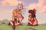  3girls ^_^ ankle_boots bandaged_arm bandages black_dress blonde_hair blue_bow blue_hair boots bow bracelet braid brown_hair chin_rest cirno closed_eyes cloud collared_shirt cross-laced_footwear detached_sleeves dress frilled_skirt frills gohei grass grin hakurei_reimu happy hill ice ice_wings indian_style jewelry kirisame_marisa lace-up_boots linmiee long_hair looking_at_another lovestruck messy_hair motherly multiple_girls outdoors playing_with_another&#039;s_hair red_shirt red_skirt shirt short_hair short_sleeves side_braid single_braid sitting sitting_on_ground skirt skirt_set sky smile touhou wavy_hair wide_sleeves wings 