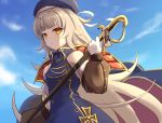  1girl azur_lane bangs bare_shoulders beret blue_sky blunt_bangs blush breasts chagara closed_mouth commentary_request day eyebrows_visible_through_hair frown gloves hair_ornament hat highres holding holding_sword holding_weapon long_hair long_sleeves looking_at_viewer mole mole_under_eye outdoors silver_hair sky small_breasts solo sword very_long_hair weapon white_gloves yellow_eyes z46_(azur_lane) 