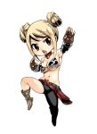  1girl animal_costume armpits asymmetrical_legwear bare_shoulders bell bikini bikini_top blonde_hair boots breasts brown_eyes brown_gloves chibi cleavage collar cow_bell cow_costume double_bun eyebrows_visible_through_hair fairy_tail fingerless_gloves gloves large_breasts lucy_heartfilia mashima_hiro navel open_mouth pants simple_background sleeveless solo swimsuit teeth tongue white_background 