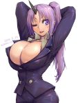  1girl amania_orz arms_behind_head artist_name belt breasts cleavage collarbone curvy dated green_shirt high_ponytail highres huge_breasts lavender_hair long_hair looking_to_the_side office_lady one_eye_closed oni oni_horn pants purple_eyes purple_suit shion_(tensei_shitara_slime_datta_ken) shirt signature solo tensei_shitara_slime_datta_ken tongue tongue_out wide_hips 
