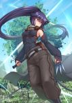  1girl adsouto akatsuki_(log_horizon) assassin bare_shoulders blue_hair blush building commentary detached_sleeves english_commentary grass highres holding holding_weapon log_horizon long_hair ponytail solo sword tree very_long_hair weapon 