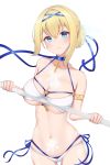  1girl armlet ass_visible_through_thighs azur_lane bangs bare_shoulders bikini blonde_hair blue_choker blue_eyes blue_ribbon blush breasts chest_tattoo choker cleavage collarbone commentary_request cowboy_shot cross_choker crossed_bangs eyebrows_visible_through_hair groin hair_between_eyes hair_bun hair_intakes hair_ribbon halterneck highres hiruno_ushiro holding holding_sword holding_weapon jeanne_d&#039;arc_(azur_lane) jeanne_d&#039;arc_(movie_set_saintess)_(azur_lane) large_breasts layered_bikini light_rays looking_at_viewer midriff multi-strapped_bikini navel o-ring o-ring_bikini pubic_tattoo rapier ribbon side-tie_bikini sidelocks simple_background skindentation smile solo swimsuit sword tattoo thigh_gap underboob weapon white_background white_bikini 