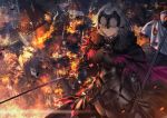  1girl ahoge armor armored_dress bangs banner black_armor black_cape black_dress black_legwear breasts building burning cape chain city commentary_request destruction dragon dress fate/grand_order fate_(series) fire fur-trimmed_cape fur_collar fur_trim gauntlets gloves hair_between_eyes headpiece holding holding_sword holding_weapon jeanne_d&#039;arc_(alter)_(fate) jeanne_d&#039;arc_(fate)_(all) junpaku_karen large_breasts long_sleeves outdoors parted_lips short_hair silver_hair smile smoke solo standing sword thighhighs weapon yellow_eyes 