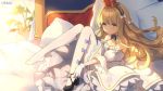  1girl 3: absurdres azur_lane black_hairband blonde_hair blush bow crown curly_hair detached_collar detached_sleeves gloves hair_bow hairband highres long_hair mini_crown no_shoes queen_elizabeth_(azur_lane) scarf shin_(new) shoes single_shoe solo striped striped_legwear vertical-striped_legwear vertical_stripes waifu2x white_bow white_gloves white_legwear white_scarf 