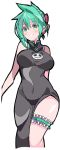  1girl absurdres aqua_eyes aqua_hair bangs bare_shoulders black_dress breasts china_dress chinese_clothes covered_navel dress enpe eyebrows_visible_through_hair hair_between_eyes highres large_breasts looking_at_viewer shaman_king short_hair side_slit simple_background sleeveless sleeveless_dress smile solo tao_jun thigh_strap white_background 
