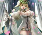  1girl absurdres aestus_estus ahoge bangs bare_shoulders belt blonde_hair blush breasts bridal_veil chain cleavage detached_sleeves fate/extra fate/extra_ccc fate/grand_order fate_(series) flower_wreath full-length_zipper gakuon_(gakuto) green_eyes hair_intakes head_wreath highleg highleg_leotard highres huge_filesize large_breasts leotard lock long_hair looking_at_viewer loose_belt nero_claudius_(bride)_(fate) nero_claudius_(fate)_(all) open_mouth padlock petals puffy_detached_sleeves puffy_sleeves smile sword veil weapon white_leotard white_sleeves wide_sleeves zipper zipper_pull_tab 