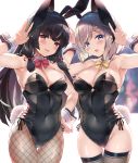  2girls absurdres animal_ears armpits arms_up bangs bare_arms bare_shoulders black_hair black_leotard blue_eyes blush bow bowtie breasts bunny_ears bunny_pose bunny_tail bunnysuit cleavage collar cowboy_shot detached_collar eyebrows_visible_through_hair fake_animal_ears fingernails fishnet_legwear fishnets grey_legwear hair_ornament hair_ribbon hairclip hamakaze_(kantai_collection) highres isokaze_(kantai_collection) kantai_collection large_breasts leotard long_hair looking_at_viewer monoto multiple_girls open_mouth pantyhose red_bow red_eyes red_neckwear ribbon short_hair silver_hair skindentation smile tail thighhighs wrist_cuffs yellow_neckwear 