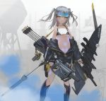  1girl bangs bikini black_bikini black_gloves black_jumpsuit black_legwear bow_(weapon) breasts carrying commentary_request english_text explosive fog gloves glowing_skin goggles goggles_on_head grenade grey_hair gun highres holding holding_bow_(weapon) holding_weapon holster jumpsuit_pull kneehighs kriss_vector logo long_sleeves looking_at_viewer mecha_musume medium_hair msz0062zeta2 navel original outdoors parted_bangs quiver scope short_jumpsuit small_breasts solo standing string_bikini submachine_gun swimsuit thigh_holster trigger_discipline two_side_up water_tower weapon yellow_eyes zipper 