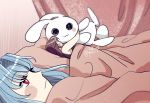  2girls 500_dollar_four_foot_tall_mareep bed blanket blue_hair blush_stickers brown_hair bunnie couple highres implied_yuri indoors joypendant kos-mos meme multiple_girls object_hug red_eyes shion_uzuki signature sleeping stuffed_toy under_covers xenosaga yuri 