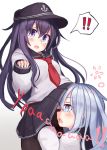  !! ... 2girls @_@ akatsuki_(kantai_collection) anchor_symbol black_legwear blue_eyes blush eyebrows_visible_through_hair flat_cap hat hibiki_(kantai_collection) highres kantai_collection long_hair long_sleeves multiple_girls neckerchief open_mouth pantyhose pleated_skirt purple_eyes purple_hair reitou_mikan russian_text sailor_collar school_uniform serafuku silver_hair simple_background skirt skirt_lift spoken_ellipsis verniy_(kantai_collection) white_background 