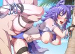  1boy 1girl animal_ear_fluff animal_ears bangs bikini blush breasts hetero large_breasts leg_belt looking_at_viewer makoto_(princess_connect!) nipples open_mouth penis princess_connect! princess_connect!_re:dive purple_bikini purple_hair sex swimsuit tail urayama_(backmountain) vaginal wolf_ears wolf_tail 