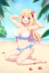  1girl artist_name beach bikini blonde_hair blue_eyes breasts cleavage day flower hair_flower hair_ornament kneeling large_breasts long_hair looking_at_viewer navel neko-rina original smile solo swimsuit very_long_hair 