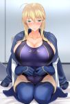  artoria_pendragon_(all) artoria_pendragon_(lancer) blonde_hair blue_gloves blue_jacket blush breasts coat competition_swimsuit elbow_gloves fate/grand_order fate_(series) gachou gloves green_eyes heartbeat highres huge_breasts jacket jacket_on_shoulders jersey kneeling one-piece_swimsuit swimsuit thighhighs thighs 