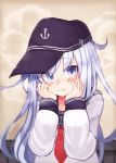  1girl anchor anchor_symbol bangs blue_eyes blush closed_mouth eyebrows_visible_through_hair flat_cap hands_on_own_cheeks hands_on_own_face hat heart hibiki_(kantai_collection) highres kantai_collection long_hair long_sleeves neckerchief red_neckwear reitou_mikan sailor_collar school_uniform serafuku silver_hair solo steam wavy_mouth 