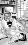  2girls bangs blunt_bangs blush breasts cat collarbone controller food fruit hair_between_eyes hairband holding holding_hands kotatsu large_breasts lying medium_hair monochrome multiple_girls on_back oral orange original pants shelf shirt skirt socks striped striped_shirt sweater table television tree yamada_yoshinobu yuri 