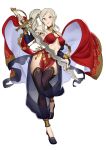  1girl absurdres black_legwear bridal_gauntlets cosplay ebinku edelgard_von_hresvelg fire_emblem fire_emblem:_three_houses fire_emblem_awakening fire_emblem_heroes full_body highres holding holding_sword holding_weapon long_hair olivia_(fire_emblem) olivia_(fire_emblem)_(cosplay) parted_lips purple_eyes side_ponytail simple_background solo sword thighhighs weapon white_background white_hair 