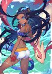  1girl armlet back blue_eyeshadow dark_skin earrings eyeliner eyeshadow gen_3_pokemon gloves gym_leader hair_bun highres holding holding_poke_ball hoop_earrings jewelry looking_back makeup milotic multicolored_hair nijimaarc poke_ball poke_ball_(generic) pokemon pokemon_(game) pokemon_swsh rurina_(pokemon) single_glove sportswear swimsuit tankini two-tone_hair 