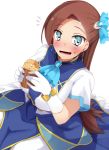  1girl :o blue_earrings blue_neckwear blush bracelet breasts brooch brown_hair dress eating elbow_gloves gloves hair_ornament highres jewelry katarina_claes large_breasts long_hair looking_at_viewer otome_game_no_hametsu_flag_shika_nai_akuyaku_reijou_ni_tensei_shite_shimatta short_sleeves white_gloves yuzumiya_mono 