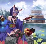  1girl absurdres alcohol architecture blush bob_cut east_asian_architecture fang fangs fate/grand_order fate_(series) food fruit fruit_bowl gourd highres horns japanese_clothes kimono mountain nail_polish oni open_mouth pond purple_eyes purple_hair rock rye_(hyn_uka) sake sash shuten_douji_(fate/grand_order) sitting snow solo steam teeth water 