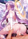  1boy 1girl anus armlet ass black_ribbon blush breasts censored commentary_request cum cum_in_pussy detached_sleeves diadem dress dress_tug elbow_gloves euryale fanbox_reward fate/hollow_ataraxia fate_(series) gloves heart hetero highres holding_hands interlocked_fingers looking_back m-da_s-tarou mosaic_censoring open_mouth paid_reward pubic_hair purple_eyes purple_hair pussy_juice reverse_cowgirl_position ribbon sex small_breasts smile straddling strapless strapless_dress sweat thighlet tiara twintails vaginal white_dress 
