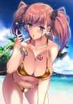  1girl 1other atlanta_(kantai_collection) beach bikini blush bokukawauso breasts brown_hair can cloud collarbone cowboy_shot day earrings eyebrows_visible_through_hair fingernails gold_bikini grey_eyes groin highres holding holding_can jewelry kantai_collection kyougoku_shin large_breasts long_hair navel ocean open_mouth palm_tree sky star_(symbol) star_earrings swimsuit tree two_side_up water 