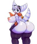  anthro anus big_breasts big_butt breasts butt clothing eyewear female fur goggles goggles_on_head hair lombax looking_back mammal matospectoru nipples nude open_mouth piercing ratchet_and_clank rift_apart_lombax simple_background smile solo stripes thick_thighs video_games white_background wide_hips 