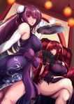  2girls ass breasts bun_cover chair china_dress chinese_clothes crossed_arms double_bun dress elbow_gloves fan fate/grand_order fate_(series) food gloves highres holding holding_tray lantern large_breasts long_hair looking_at_viewer multiple_girls paper_fan paper_lantern purple_hair red_eyes saboten_teishoku scathach_(fate)_(all) scathach_(fate/grand_order) scathach_skadi_(fate/grand_order) side_slit smile teapot tray 