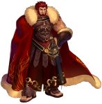  1boy armor bara beard belt breastplate cape chest cleavage_cutout dark_skin dark_skinned_male facial_hair fate/extella fate/extra fate/grand_order fate_(series) full_body fur-trimmed_cape fur_trim greek_clothes hand_on_hip highres iskandar_(fate) leather looking_at_viewer male_focus manly muscle official_art pectorals red_cape red_eyes red_hair sandals smile wada_aruko white_background 