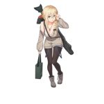  1girl alternate_costume ammo_box aran_sweater black_legwear blonde_hair blue_eyes boots braid breasts camisole cleavage dog_tags eyebrows_visible_through_hair full_body girls_frontline gun hair_between_eyes hair_ornament hair_over_shoulder hair_ribbon hair_tucking hairclip jewelry large_breasts leaning_forward looking_at_viewer machine_gun mg3 mg3_(girls_frontline) necklace off-shoulder_shirt off_shoulder official_art pantyhose parted_lips ribbon shirt shorts single_braid solo strap_slip suspenders sweater touko_(kira2yue) transparent_background weapon 