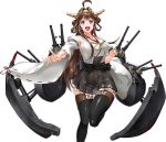  1girl aa_gun ahoge bandages boots breasts brown_hair byeontae_jagga cannon collarbone detached_sleeves double_bun eyebrows_visible_through_hair graphite_(medium) grey_eyes hairband headgear high_heels highres japanese_clothes kantai_collection kongou_(kantai_collection) long_hair machinery mechanical_pencil medium_breasts nontraditional_miko pencil pleated_skirt remodel_(kantai_collection) ribbon-trimmed_sleeves ribbon_trim rigging sarashi simple_background skirt solo thigh_boots thighhighs traditional_media turret white_background 