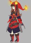  1girl absurdres black_eyes book brown_hair closed_mouth fire gloves goggles goggles_around_neck grey_background hair_between_eyes hat highres jacket long_hair neko_sheep original red_footwear red_gloves red_hair red_jacket simple_background sketch solo witch zipper 