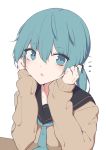  /\/\/\ 1girl :o alternate_costume bangs black_sailor_collar blue_eyes blue_hair blue_neckwear brown_sweater commentary_request eyebrows_visible_through_hair giryu hands_on_own_cheeks hands_on_own_face hatsune_miku long_hair long_sleeves looking_at_viewer neckerchief open_mouth sailor_collar school_uniform simple_background sleeves_past_wrists solo sweater upper_body vocaloid white_background 