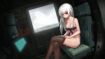  1girl bikini black_bikini black_legwear braid breasts chair cleavage crossed_legs from_side game_cg helicopter_interior indoors long_hair looking_at_viewer monitor mretsis original pantyhose pantyhose_pull red_eyes side-tie_bikini sitting solo swimsuit thighs white_hair window 