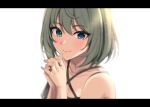  1girl bangs bare_shoulders blue_eyes blush closed_mouth collarbone commentary_request criss-cross_halter eyebrows_visible_through_hair glint green_eyes green_hair halterneck heterochromia hiiragi_hajime idolmaster idolmaster_cinderella_girls jewelry letterboxed looking_at_viewer mole mole_under_eye own_hands_together portrait ring short_hair simple_background smile solo takagaki_kaede wedding_band white_background 
