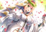 1girl aestus_estus ahoge bangs blonde_hair blush breasts bridal_veil chain detached_sleeves elbow_gloves fate/extra fate/extra_ccc fate/grand_order fate_(series) flower_wreath full-length_zipper gloves green_eyes hair_intakes head_wreath izumi_akane large_breasts leotard lock long_hair looking_at_viewer nero_claudius_(bride)_(fate) nero_claudius_(fate)_(all) open_mouth padlock puffy_detached_sleeves puffy_sleeves smile veil white_gloves white_leotard white_sleeves zipper 