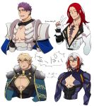  4boys adapted_costume blonde_hair body_armor cape cleavage_cutout closed_eyes fate/grand_order fate_(series) fur_trim gawain_(fate/extra) gloves highres lancelot_(fate/grand_order) male_focus multicolored_hair multiple_boys odysseus_(fate/grand_order) partly_fingerless_gloves purple_hair red_hair scar silver_hair simple_background standplay streaked_hair tristan_(fate/grand_order) v white_background white_gloves 