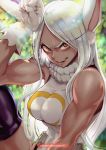  1girl animal_ears bare_shoulders biceps boku_no_hero_academia breasts bunny_ears dark_skin fang magion02 mirko muscle muscular_female open_mouth pose red_eyes sleeveless solo teeth thighhighs upper_body white_hair 