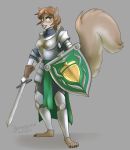  2020 anthro armor barefoot beingobscene brown_body brown_fur female fur grey_background hair hi_res looking_aside mammal melee_weapon rodent sciurid shield simple_background smile solo standing sword the_exile_of_aphrodisia weapon whiskers 
