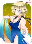  1girl alternate_hair_length alternate_hairstyle blonde_hair blue_dress blue_eyes border breasts cleavage colorado_(kantai_collection) commentary_request cowboy_shot dated dress gradient gradient_background hachiware_(8ware63) highres kantai_collection large_breasts looking_at_viewer short_hair side_braids smile solo twitter_username white_border 