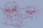  bangs big_breasts bodily_fluids breast_rest breasts drooling eyewear fangs female freckles glasses goblin hi_res humanoid lips monochrome nipples red_eyes saliva sharp_teeth smile solo teeth thick_lips ungulatr 