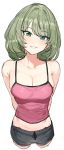  1girl absurdres arms_behind_back bangs bare_shoulders black_shorts blue_eyes breasts camisole cleavage collarbone cropped_legs eyebrows_visible_through_hair green_eyes green_hair hair_intakes heterochromia highres idolmaster idolmaster_cinderella_girls large_breasts looking_at_viewer medium_hair mole mole_under_eye pink_camisole short_shorts shorts simple_background sketch smile solo suisogenshi takagaki_kaede white_background 