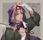 1boy adjusting_headwear akakokko_(niro_azarashi) arm_up arslan_senki bandaged_arm bandages blue_eyes brown_background coat copyright_name earrings english_text fingernails gieve hair_between_eyes hair_strand hand_on_headwear hand_up headband holding holding_sword holding_weapon hood hood_up jewelry long_sleeves looking_at_viewer male_focus open_clothes open_coat parted_lips paws red_hair smile solo sword upper_body weapon 