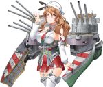 1girl aa_gun anchor armor brown_eyes brown_hair byeontae_jagga cannon detached_sleeves eyebrows_visible_through_hair garter_straps graphite_(medium) headdress highres kantai_collection littorio_(kantai_collection) long_hair machinery mechanical_pencil necktie open_mouth pencil pleated_skirt ponytail rigging shirt simple_background skirt sleeveless sleeveless_shirt smile smokestack thighhighs traditional_media turret wavy_hair white_background white_legwear 