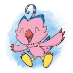  1:1 2018 ambiguous_gender avian beak biyomon blue_markings claws digimon digimon_(species) eyes_closed feather_tuft feathers happy lydiahall markings multicolored_body multicolored_feathers open_mouth pink_body pink_feathers red_claws ring solo toe_claws tuft 