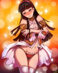  2girls :3 absurdres alternate_costume amagi_yukiko black_hair blush breasts cleavage detached_sleeves embarrassed hairband highres long_hair multiple_girls navel persona persona_4 persona_4_the_golden satonaka_chie stomach thighhighs toasty_scones 