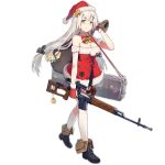  1girl alternate_costume bag black_footwear character_doll doll dragunov_svd full_body girls_frontline green_eyes gun hair_ornament hair_ribbon hairclip hat holding holding_bag holding_gun holding_weapon huanxiang_heitu long_hair low-tied_long_hair official_art ribbon rifle santa_costume santa_hat scw_(girls_frontline) simple_background smile sniper_rifle solo sv-98_(girls_frontline) svd_(girls_frontline) thighhighs torn_bag transparent_background weapon white_background white_hair 