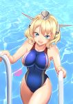  1girl :d artist_name blonde_hair blue_eyes blue_swimsuit blush breasts collarbone colorado_(kantai_collection) competition_swimsuit covered_nipples cowboy_shot dated eyebrows_visible_through_hair garrison_cap grey_headwear hat headgear kantai_collection large_breasts mokerou one-piece_swimsuit open_mouth pool short_hair signature smile solo swimsuit water 