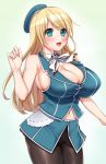  1girl :d absurdres atago_(kantai_collection) bangs beret black_legwear blonde_hair blue_background blue_eyes blue_headwear blue_skirt blue_vest blush breasts bursting_breasts cleavage commentary_request cowboy_shot eyebrows_visible_through_hair hand_up hat highres impossible_clothes kantai_collection large_breasts long_hair miniskirt miyotarou navel neck_ribbon open_mouth pantyhose ribbon simple_background skindentation skirt smile solo swept_bangs undersized_clothes vest white_neckwear white_ribbon 